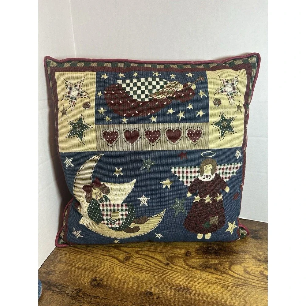 Vintage Christmas Tapestry Pillow Angels Moon Stars Folk Art Cottagecore Decor